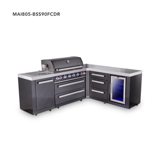 Mont Alpi 6-Burner L-Shaped Black Series Outdoor Kitchen Island with Corner Fridge &Amp; Extra Drawer Slides Cabinet - MAi805-BSS90FCDR 