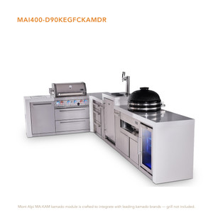 Mont Alpi 4-Burner L-Shaped Deluxe Series Outdoor Kitchen Island with Kegerator, Kamado & Corner Fridge Module - MAi400-D90KEGFCKAMDR 