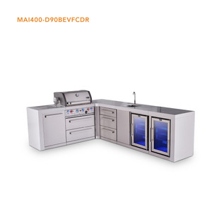 Mont Alpi L-Shaped 4-Burner Deluxe Series Outdoor Kitchen Island with Beverage Center & Corner Fridge Module Plus Extra Drawer Slides Cabinet - MAi400-D90BEVFCDR 