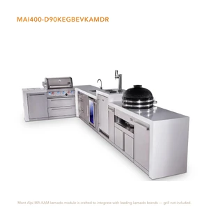 Mont Alpi 4-Burner L-Shaped Deluxe Series Outdoor Kitchen Island with Beverage Center, Kegerator, Kamado Module, & Extra Drawer Slides Cabinet - MAi400-D90KEGBEVKAMDR 