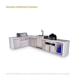 Mont Alpi 4-Burner L-Shaped Deluxe Series Outdoor Kitchen Island with Kegerator, Kamado & Corner Fridge Module Plus Extra Storage Cabinet - MAi400-D90KEGFCKAMXL 