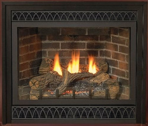 Empire Tahoe Deluxe 36" Direct-Vent LP Millivolt Fireplace with Aged Brick Liner and Arch Louvers Empire Tahoe Deluxe 36" Direct-Vent LP Millivolt Fireplace with Aged Brick Liner and Arch Louvers