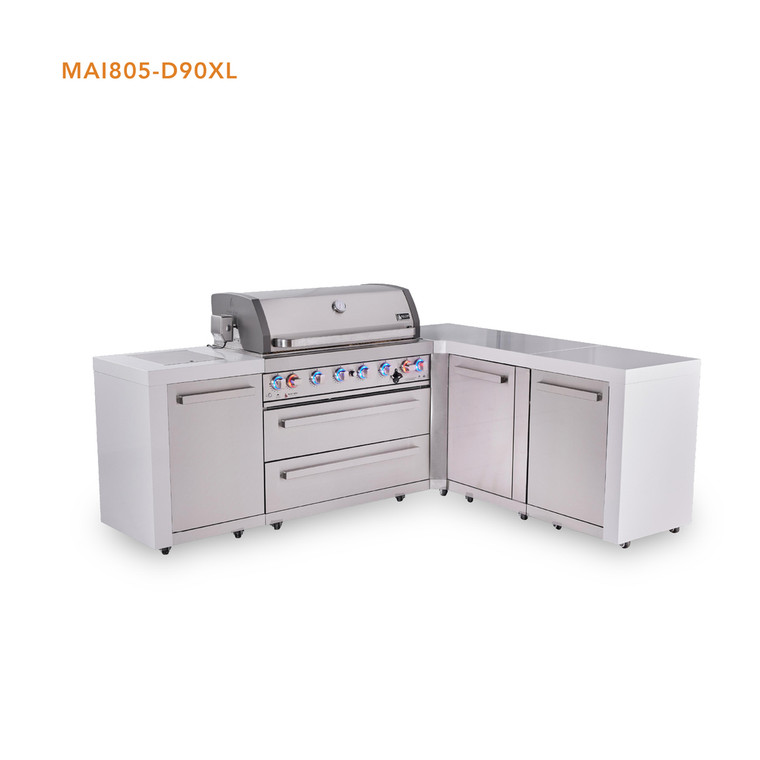 Mont Alpi 6-Burner L-Shaped Deluxe Series Outdoor Kitchen Island with XL Extra Storage Cabinet Module - MAi805-D90XL 