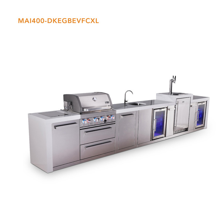 Mont Alpi 4-Burner Deluxe Series Outdoor Kitchen Island with Beverage Center, Kegerator & Corner Fridge Module - MAi400-DKEGBEVFCXL 