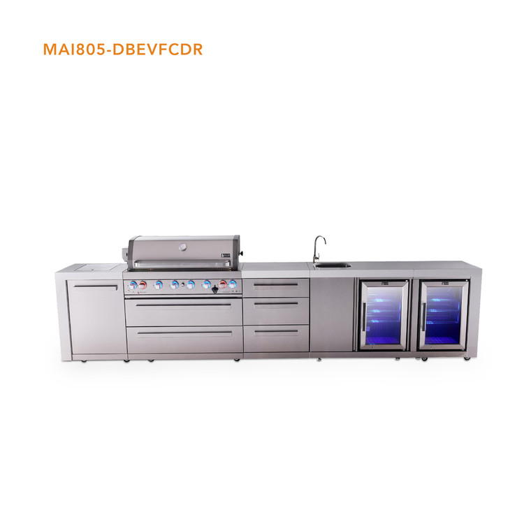Mont Alpi 6-Burner Deluxe Series Outdoor Kitchen Island with Beverage Center & Corner Fridge Module Plus Extra Drawer Slides Cabinet - MAi805-DBEVFCDR 