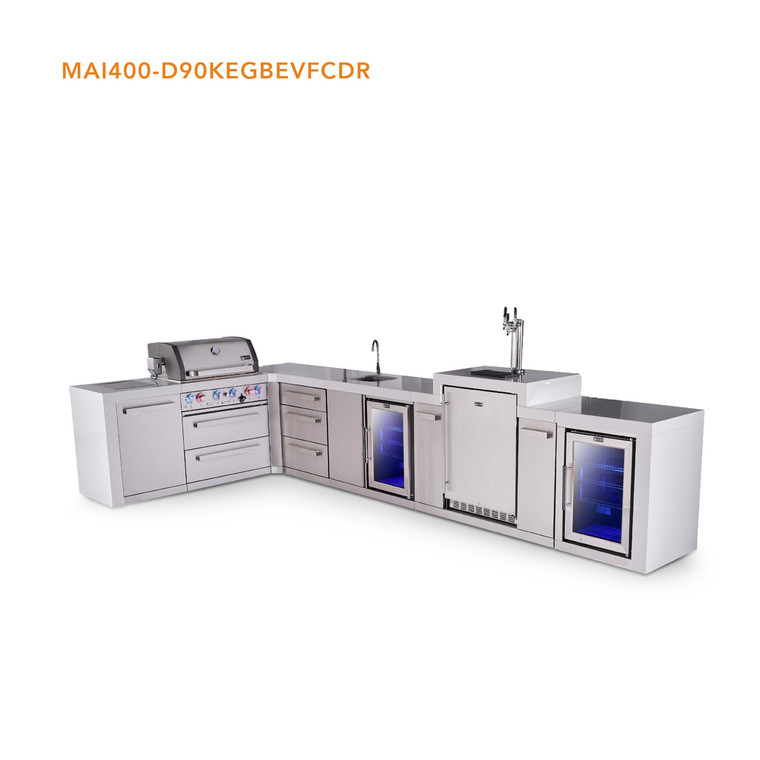 Mont Alpi 4-Burner L-Shaped Deluxe Series Outdoor Kitchen Island with Beverage Center, Kegerator & Corner Fridge Module - MAi400-D90KEGBEVFCDR 