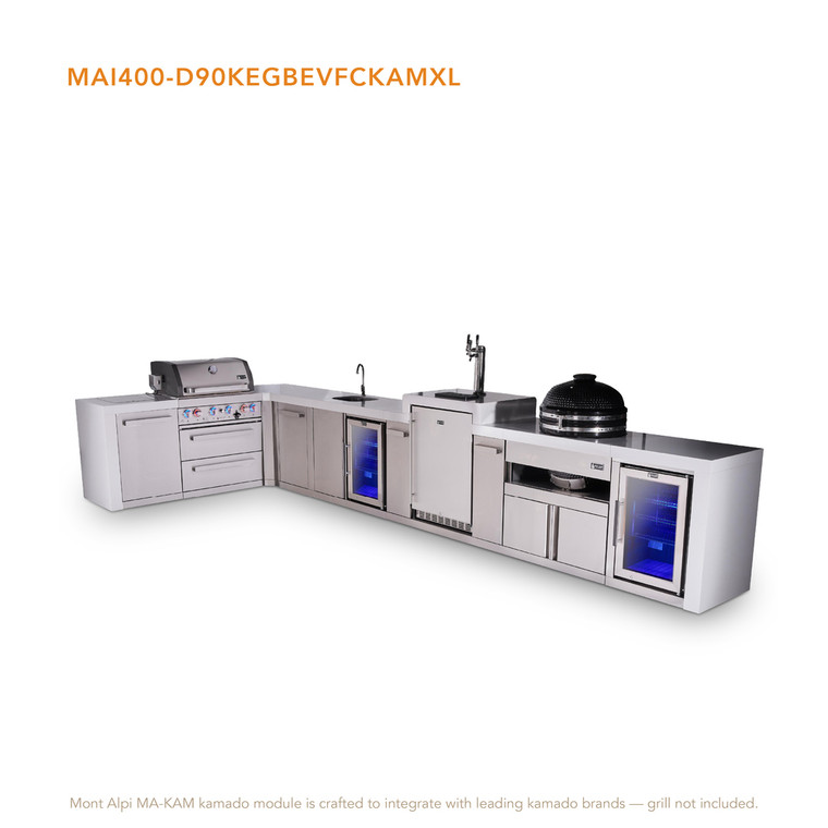 Mont Alpi 4-Burner L-Shaped Deluxe Series Outdoor Kitchen Island with Beverage Center, Kegerator, Kamado & Corner Fridge Module Plus Extra Storage Cabinet - MAi400-D90KEGBEVFCKAMXL 