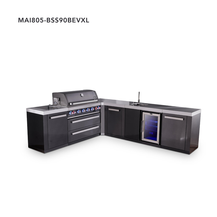 Mont Alpi 6-Burner L-Shaped Black Series Outdoor Kitchen Island with Beverage Center & Extra Storage Cabinet - MAi805-BSS90BEVXL 