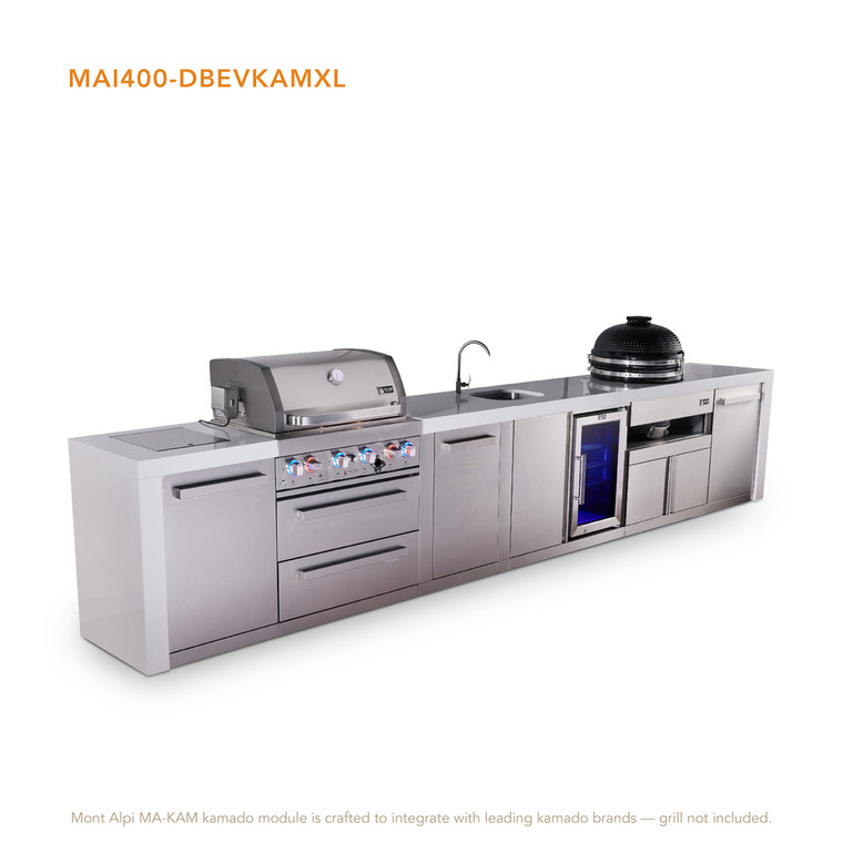 Mont Alpi 4-Burner Deluxe Series Outdoor Kitchen Island with Beverage Center & Kamado Module - MAi400-DBEVKAMXL 