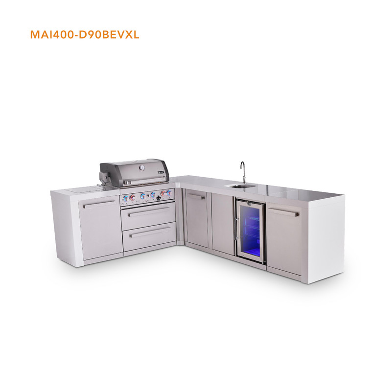 Mont Alpi 4-Burner L-Shaped Deluxe Series Outdoor Kitchen Island with Beverage Center & Extra Storage Cabinet Module - MAi400-D90BEVXL 