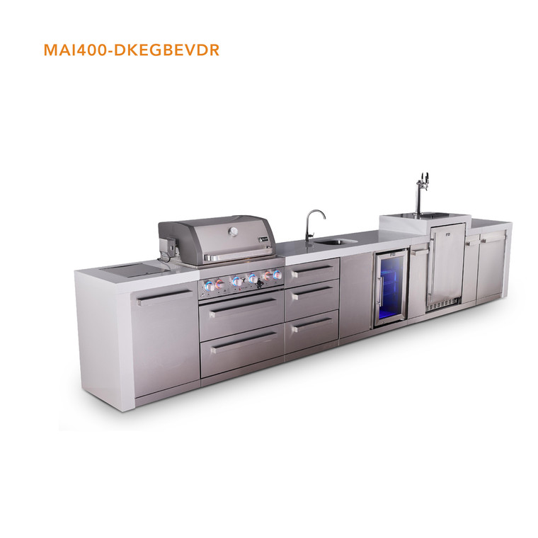 Mont Alpi 4-Burner Deluxe Series Outdoor Kitchen Island with Beverage Center & Kegerator Module Plus Extra Storage Drawer Slides - MAi400-DKEGBEVDR 