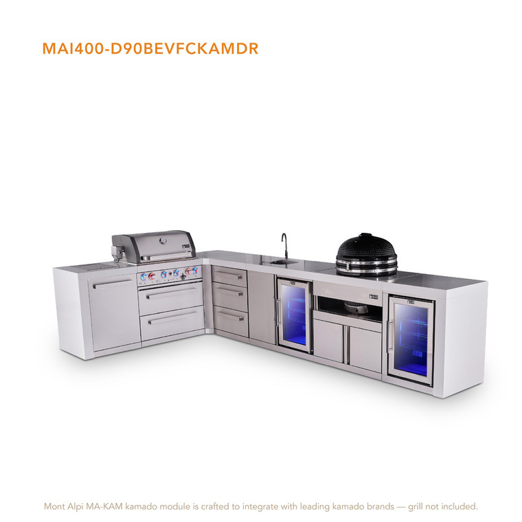Mont Alpi 4-Burner L-Shaped Deluxe Outdoor Kitchen Island with Beverage Center, Kamado & Corner Fridge Module Plus Extra Drawer Slides Cabinet - MAi400-D90BEVFCKAMDR 