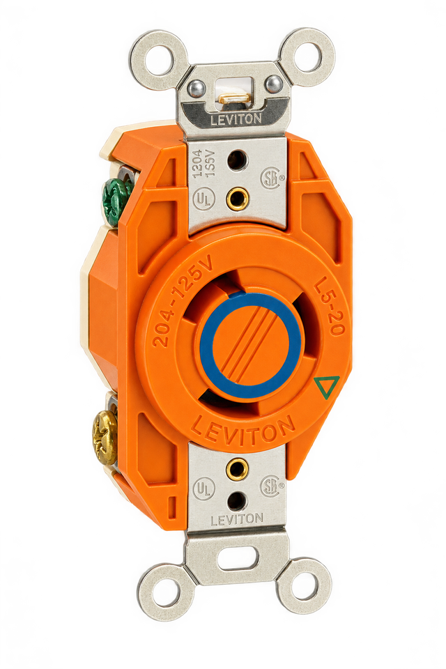 Receptáculo Media Vuelta Tierra Aislada 2 Polos 3 Hilos 30Amps 250Volts NEMA L6-30R Naranja