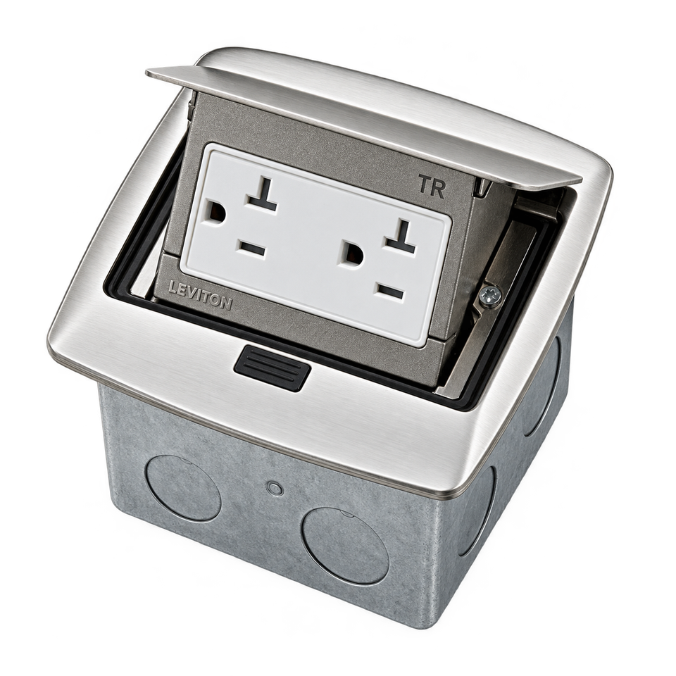 Caja de Piso Pop-Up Leviton con Receptáculo Dúplex TR 20 A, 125 V, Níquel Cepillado