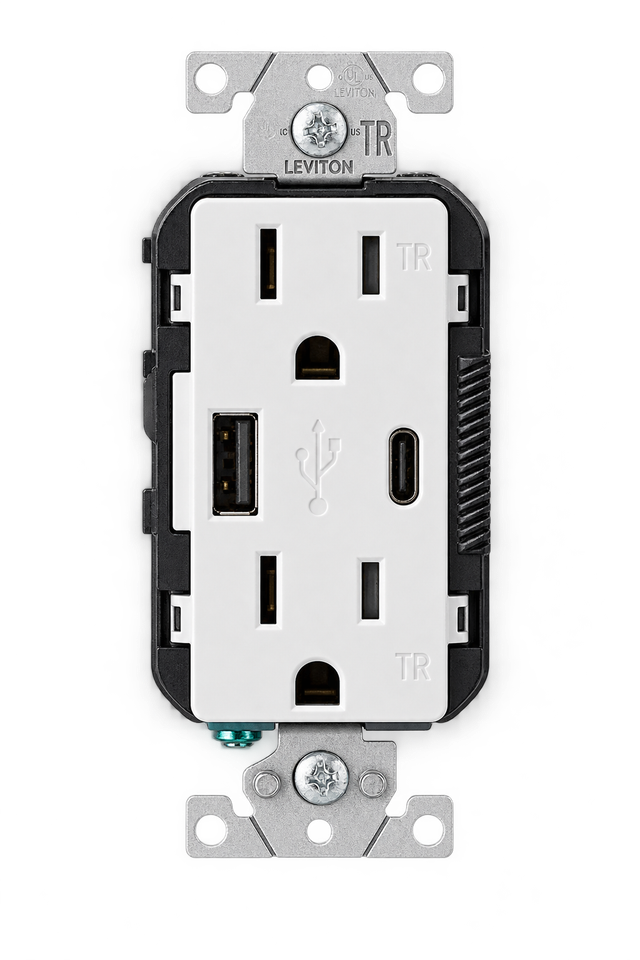 Receptáculo Dúplex Leviton con USB-A y USB-C, 15 A, 125 V, Decora Blanco