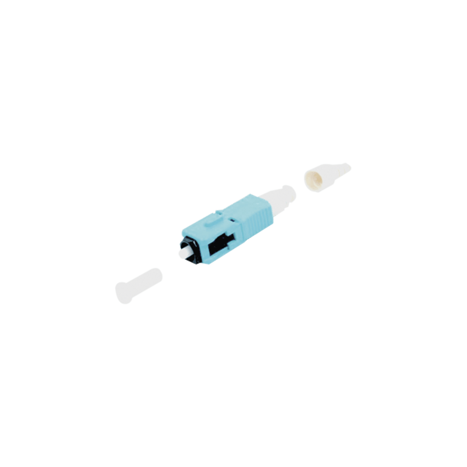 Conector de Fibra Óptica Tipo L-Bow MM OM4 SC Simplex 900 µm Bota Blanca Conector Aqua