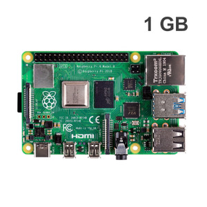 Raspberry Pi 4 Model B 1GB board with quad-core CPU and dual-band Wi-Fi.