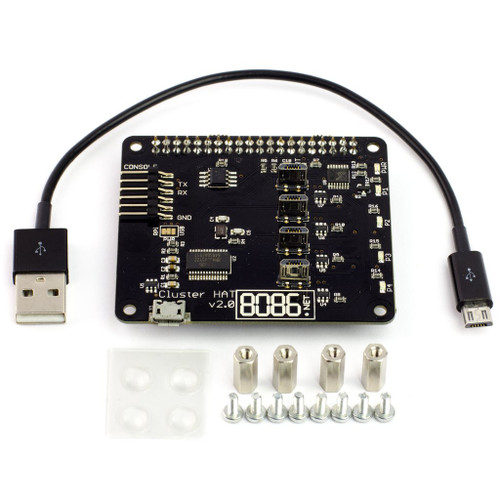 Cluster HAT v2.5 board with USB cable and mounting hardware for Raspberry Pi cluster setup. Cluster HAT v2.5 board with USB cable and mounting hardware for Raspberry Pi cluster setup.