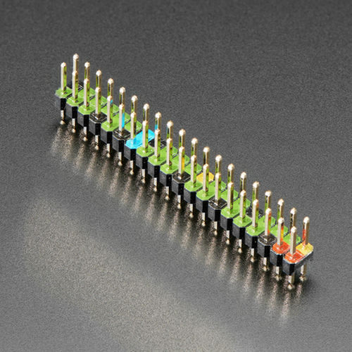 Adafruit 3907 color-coded 2x20 header with labeled GPIO pins for Raspberry Pi Zero. Adafruit 3907 color-coded 2x20 header with labeled GPIO pins for Raspberry Pi Zero.