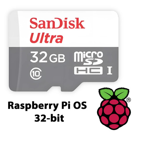 Raspberry Pi OS 32-bit pre-installed on a SanDisk 32 GB microSD card