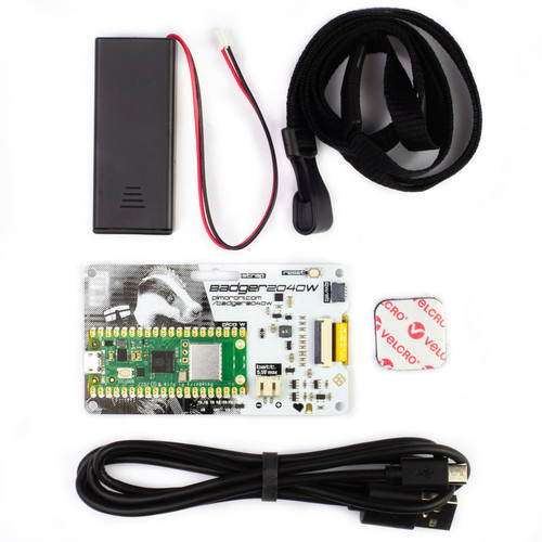 Full Badger 2040 W kit including board, USB cable, lanyard, and battery pack. Full Badger 2040 W kit including board, USB cable, lanyard, and battery pack.