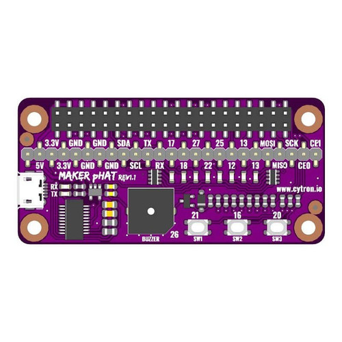 Maker pHAT board on purple PCB showing LEDs, pushbuttons, buzzer and labeled GPIO stack-on HAT for Raspberry Pi. Maker pHAT board on purple PCB showing LEDs, pushbuttons, buzzer and labeled GPIO stack-on HAT for Raspberry Pi.