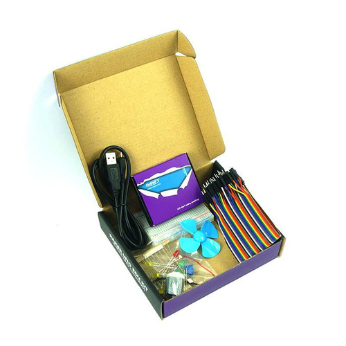 Open box showing Maker UNO Edu Kit with board, jumper wires, and accessories Open box showing Maker UNO Edu Kit with board, jumper wires, and accessories