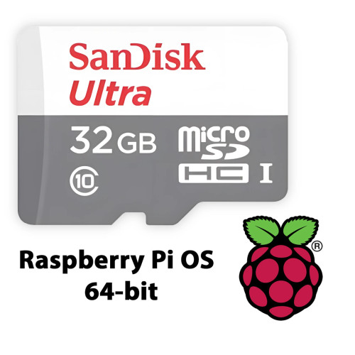 Raspberry Pi OS 64-bit pre-installed on a SanDisk 32 GB microSD card