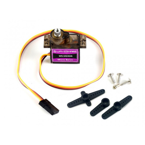 Waveshare MG90S 9g micro servo motor with metal gears, servo arms, and mounting screws. Waveshare MG90S 9g micro servo motor with metal gears, servo arms, and mounting screws.
