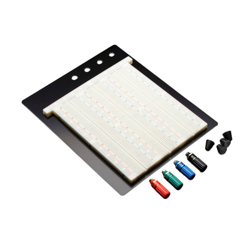 Large solderless breadboard with 2250 tie points mounted on black metal plate, includes four colored binding posts.
Large solderless breadboard with 2250 tie points mounted on black metal plate, includes four colored binding posts.