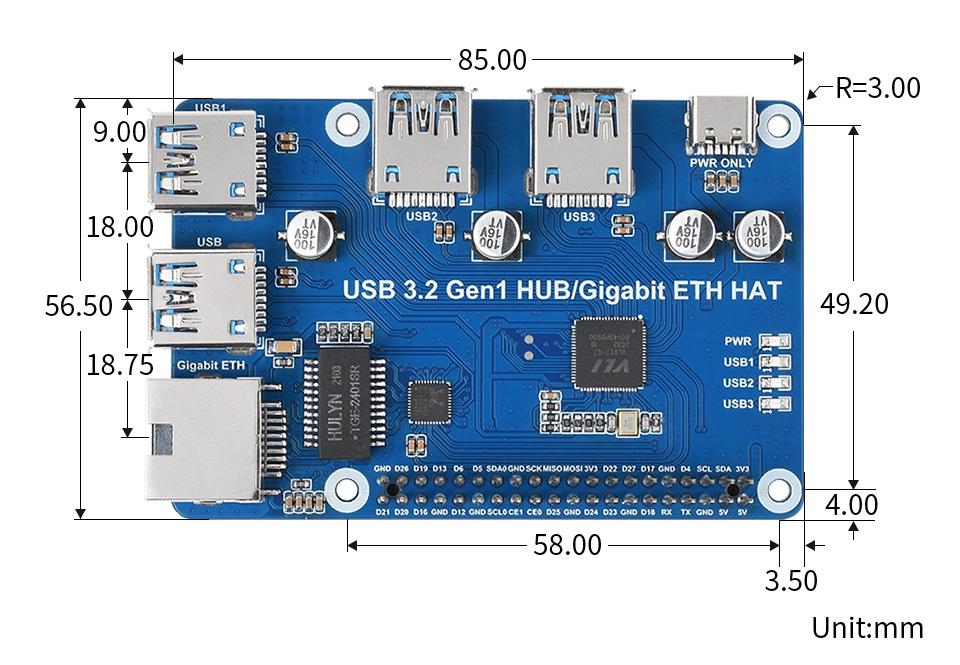 Ethernet / USB HUB HAT (B) for Raspberry Pi series, 1x RJ45