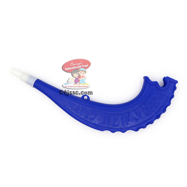 Plastic Toy Shofar in blue and white only - Other side printed in English