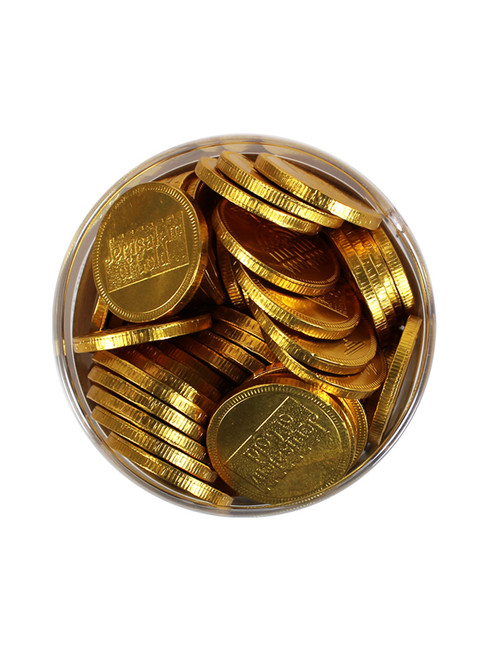 NUT-FREE - Large Milk Chocolate Gelt Coins in Tub Top View