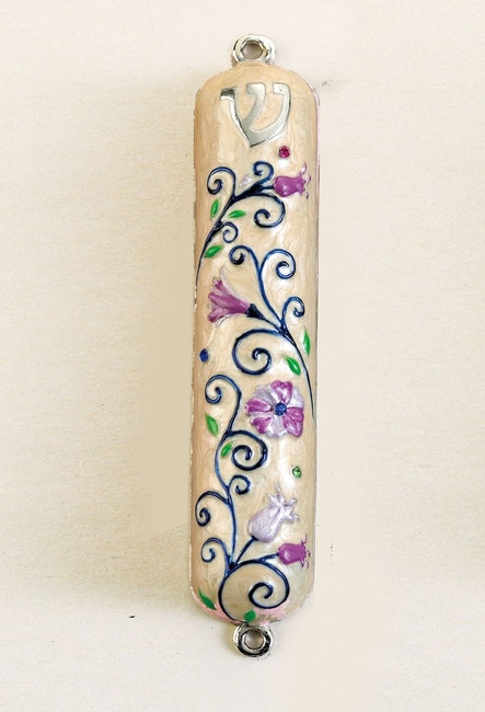 Floral Enameled Mezuzah with Rhinestones - 5"