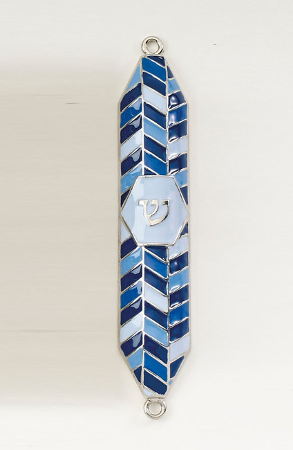 Geometric Blue Enameled Mezuzah