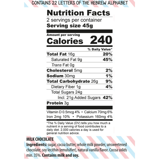 Nutrition Facts Label for Alef Beis Mini Chocolates
