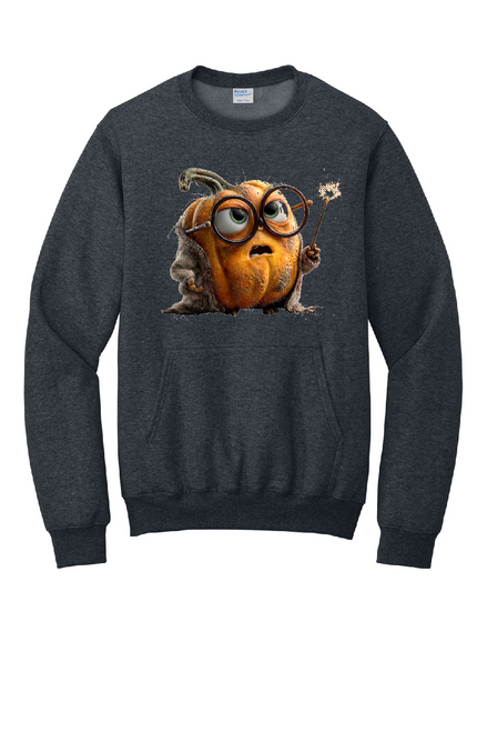 PAD - Day 5 - Wizard Pumpkin on Dark Heather -- Port & Co™ Core Fleece Crewneck Pocket UNISEX Sweatshirt