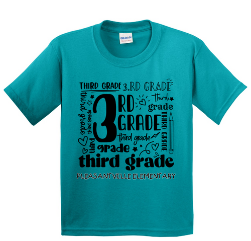 PES - 3rd grade design - on TROPICLA BLUE -  with teacher's name OR graduation year added to the back