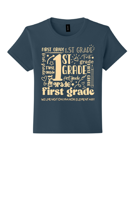 WMES - 1st grade design - on BLUE DUSK -  with teacher's name OR graduation year added to the back