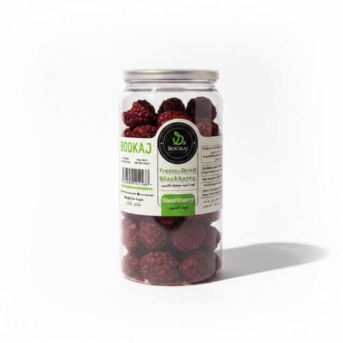 A 30g container of BOOKAJ freeze-dried blackberries showcasing their natural deep color and premium quality.
