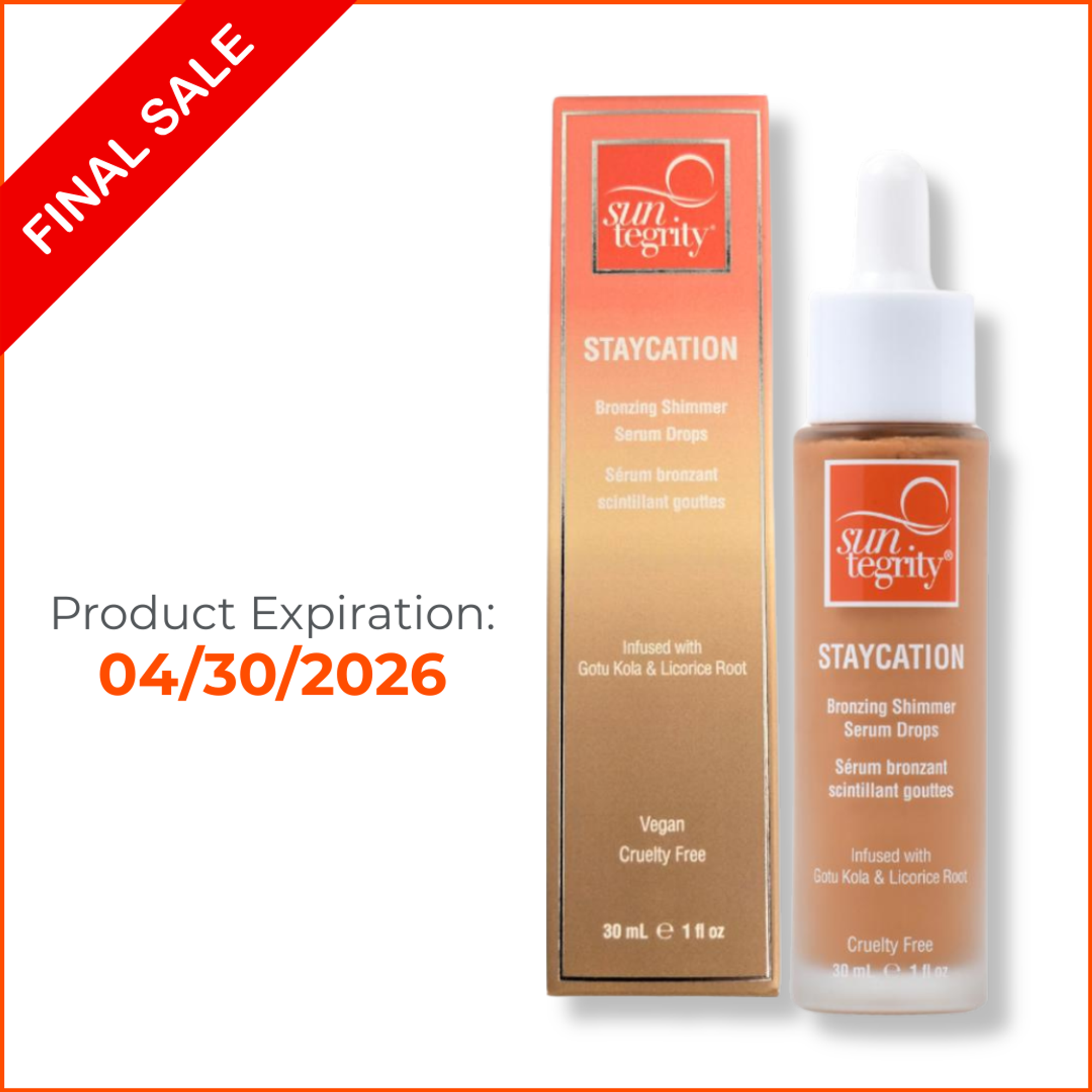 This is an image of Staycation Bronzing Shimmer Serum and box in its new eco-friendly glass bottle with dropper. Final Sale - Expires 04/30/2026