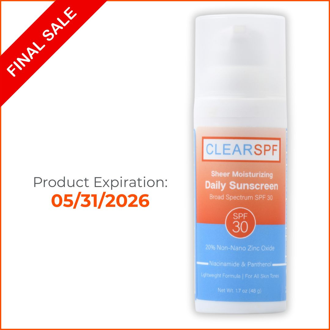 This is a product image of the ClearSPF Sheer Moisturizing Daily Sunscreen. Broad Spectrum SPF 30 protection powered by 20% non-nano Zinc Oxide.