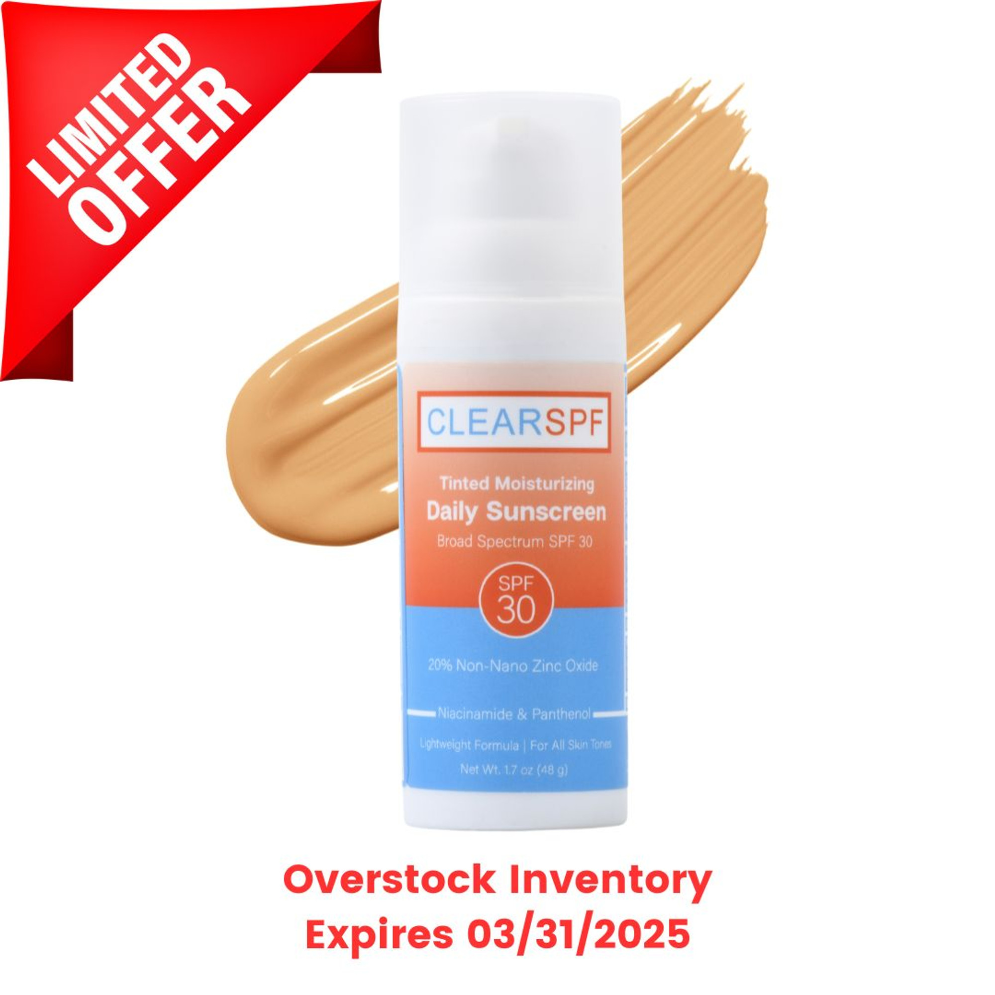 LIMITED TIME OFFER - OVERSTOCK INVENTORY - EXPIRES 03/31/2025 - This is a product image of the new ClearSPF Tinted Moisturizing Daily Sunscreen with a color swatch behind the bottle. Broad Spectrum SPF 30 protection powered by 20% non-nano Zinc Oxide. Lightly tinted to leave just a hint of color behind (mostly sheer).