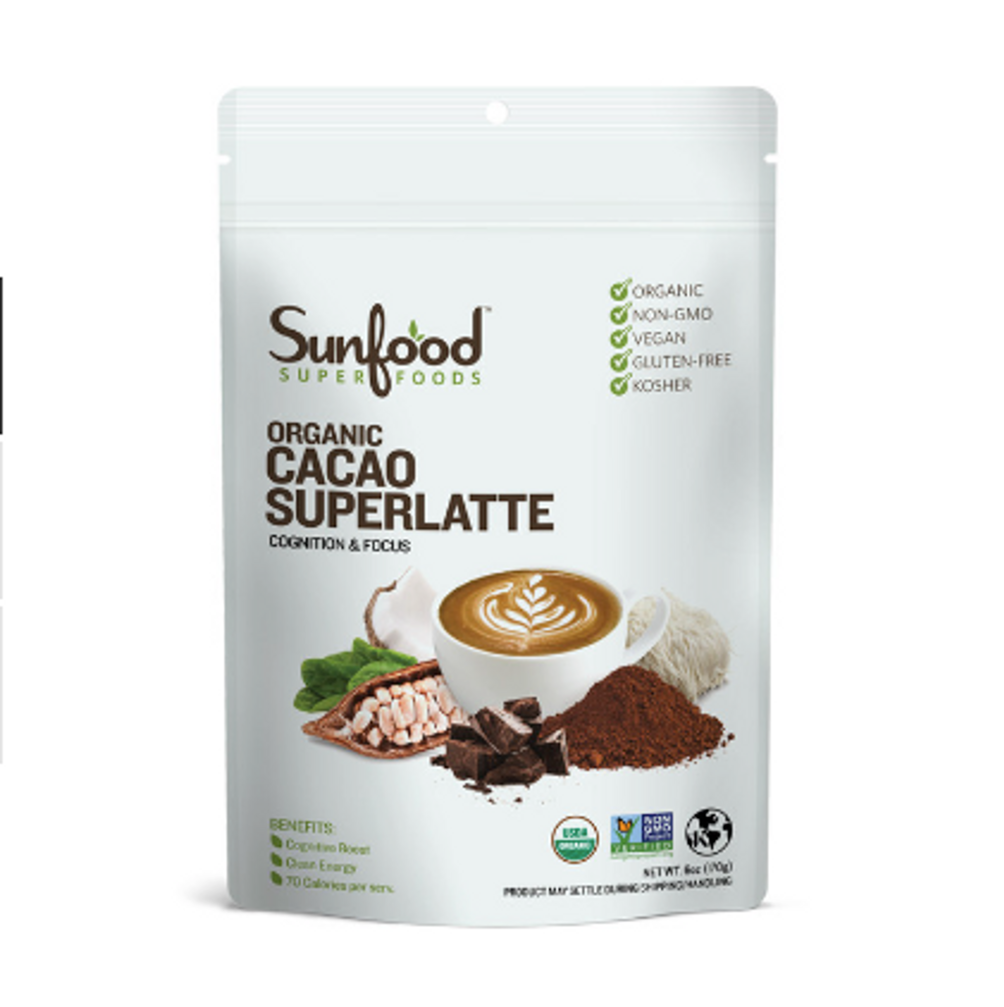 Product photo of Sunfood Super Foods Organic Cacao SuperLatte and packaging.