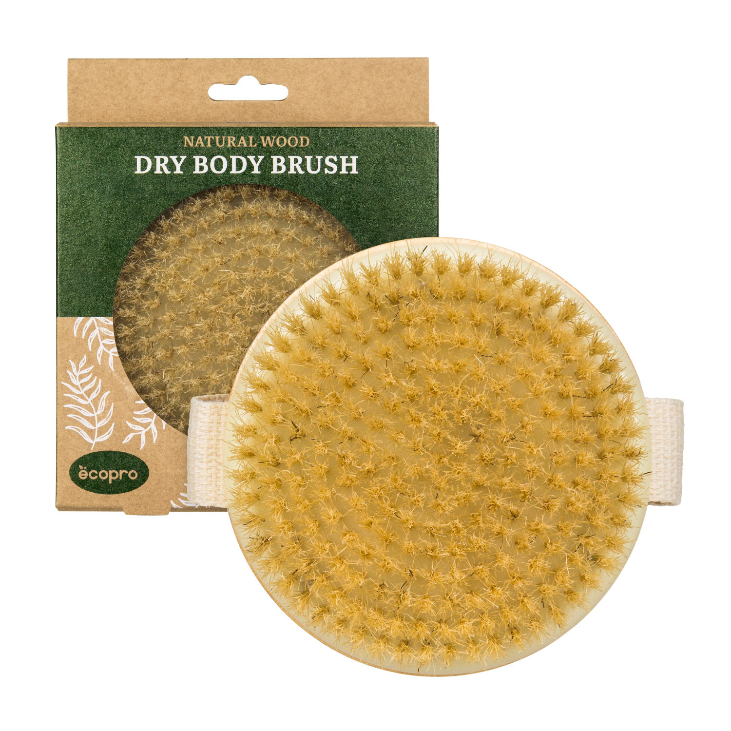Image of the Natural Wood Dry Body Brush and front packaging.