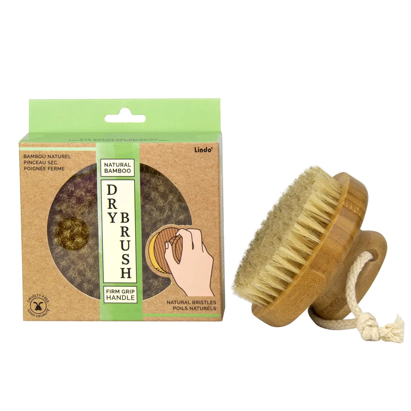 Image of the Natural Bamboo Dry Body Brush and front packaging.