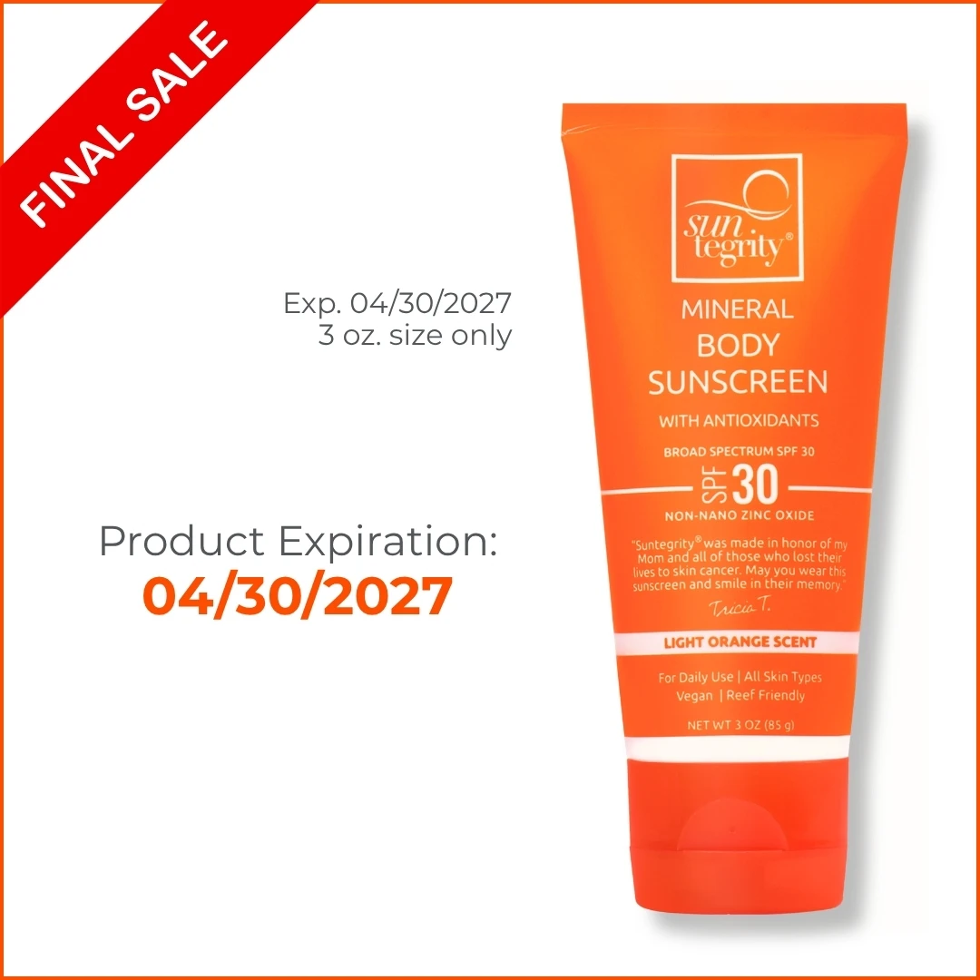 Suntegrity Mineral Body Sunscreen - Broad Spectrum SPF 30 with a light orange scent in a tube manufactured using sugar cane.  This product is now a USDA Certified Biobased Product - 95%. THIS IS A FINAL SALE - LOT 5D32 Expires 04/30/2027.