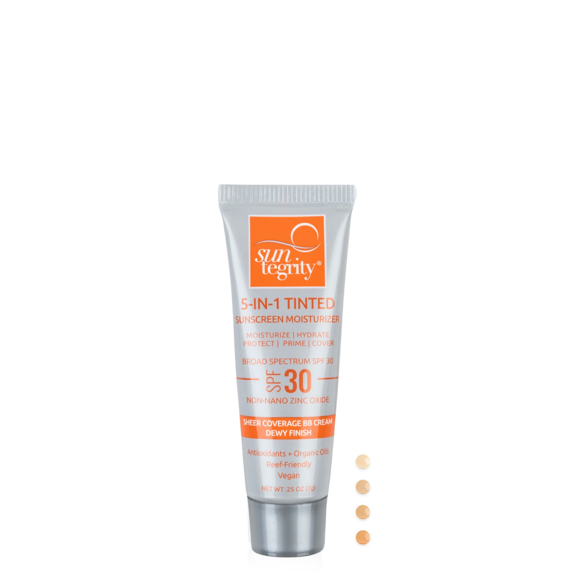 Suntegrity Deluxe Sample Tube of 5 in 1 Tinted Face Sunscreen (silver packaging) with dots to show 4 available tint options.