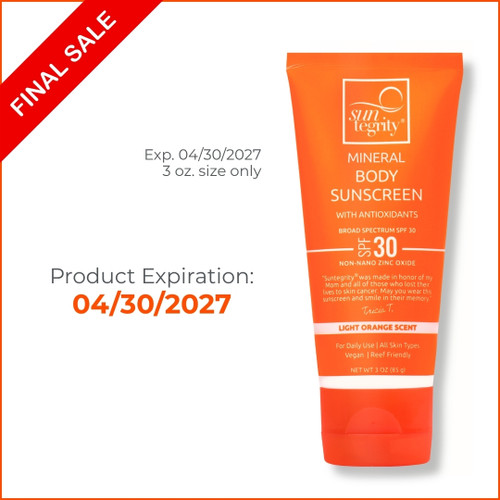 Suntegrity Mineral Body Sunscreen - Broad Spectrum SPF 30 with a light orange scent in a tube manufactured using sugar cane.  This product is now a USDA Certified Biobased Product - 95%. THIS IS A FINAL SALE - LOT 5D32 Expires 04/30/2027.