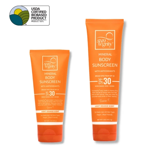 Suntegrity Mineral Body Sunscreen thumbnail image shown in it's new orange eco-friendly tube that is made with sugarcane. This product is now a USDA Certified BioBased Product - 95%. With options for 3oz or 5oz size. (updated 9/16/23)
